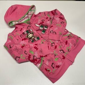 Bobby Jack Monkey Hoodie Girls Large Pink Full Zip I Love Sweaters Y2K 00s Retro